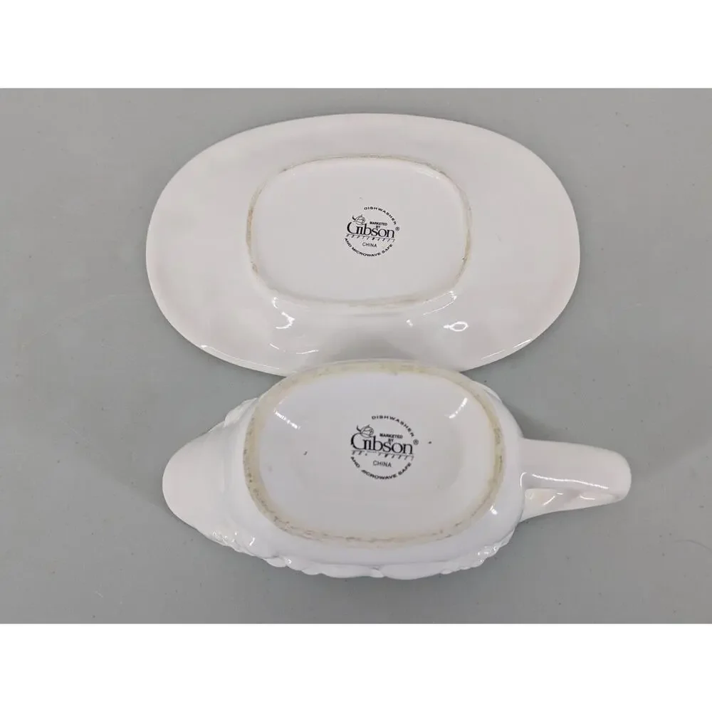 Gibson Elite White Fruit 2-PC Gravy Boat Saucer & Under Plate